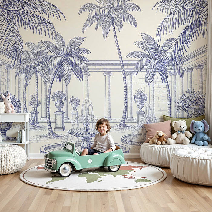 Papel de parede para quarto infantil | Jardim tropical com fontes e palmeiras