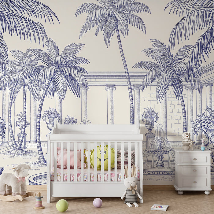 Papel de parede para quarto infantil | Jardim tropical com fontes e palmeiras