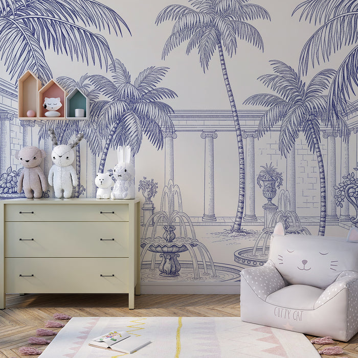 Papel de parede para quarto infantil | Jardim tropical com fontes e palmeiras