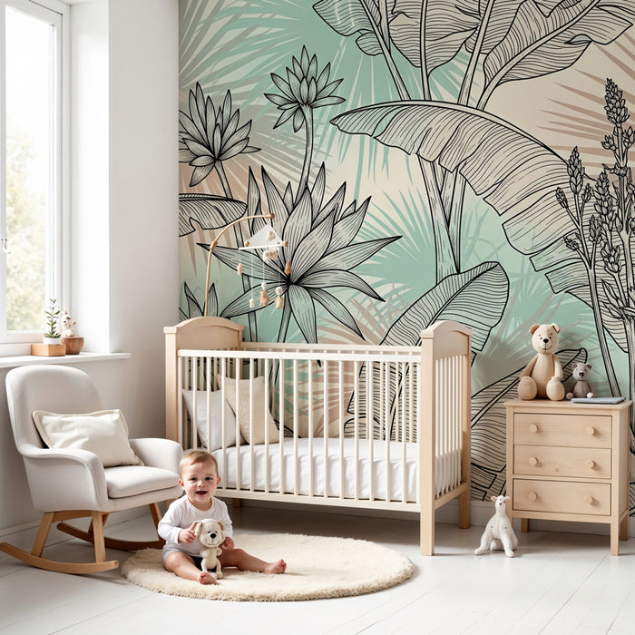 Papel pintado infantil | Jardín tropical en negro y pastel