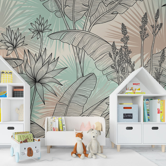 Papel pintado infantil | Jardín tropical en negro y pastel