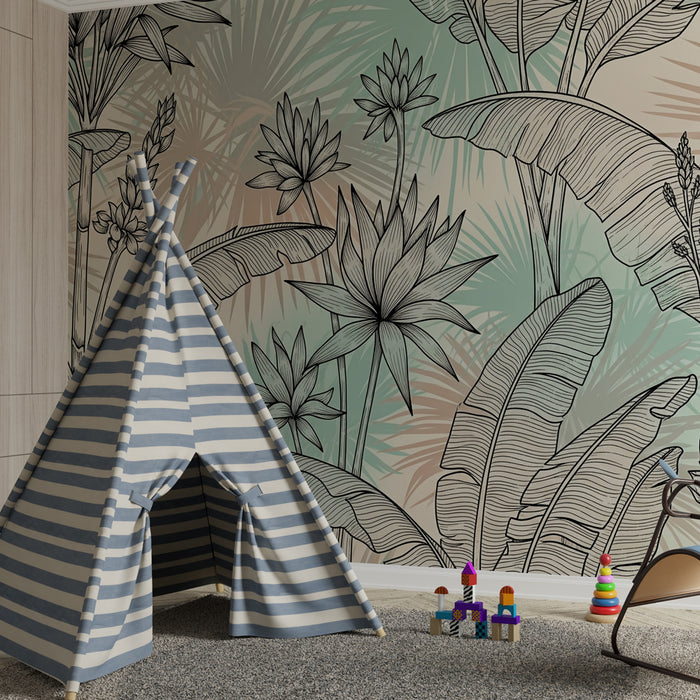 Papel pintado infantil | Jardín tropical en negro y pastel