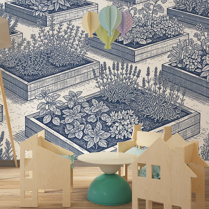 Papel de parede para quarto infantil | Jardins de ervas aromáticas em toile de jouy