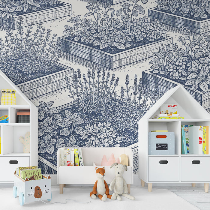 Papel de parede para quarto infantil | Jardins de ervas aromáticas em toile de jouy