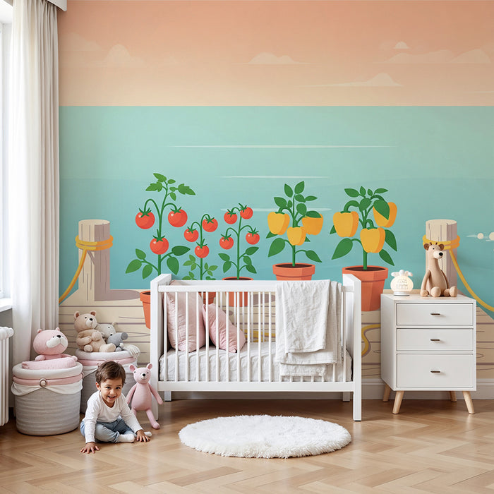 Papel de parede para quarto de criança | Jardins de tomate e pimento à beira-água