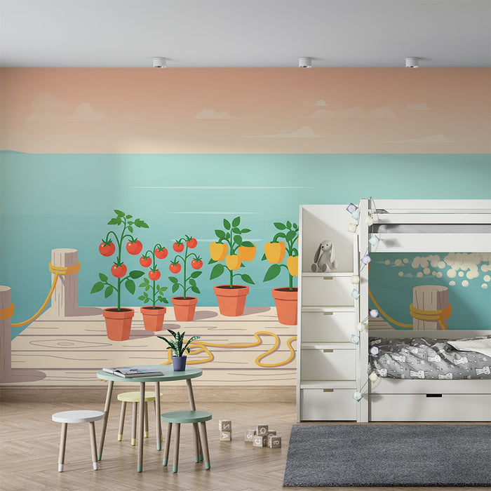 Papel de parede para quarto de criança | Jardins de tomate e pimento à beira-água