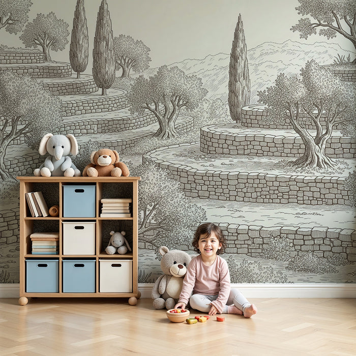 Behang kinderkamer | Terrastuinen met olijfbomen en natuursteen