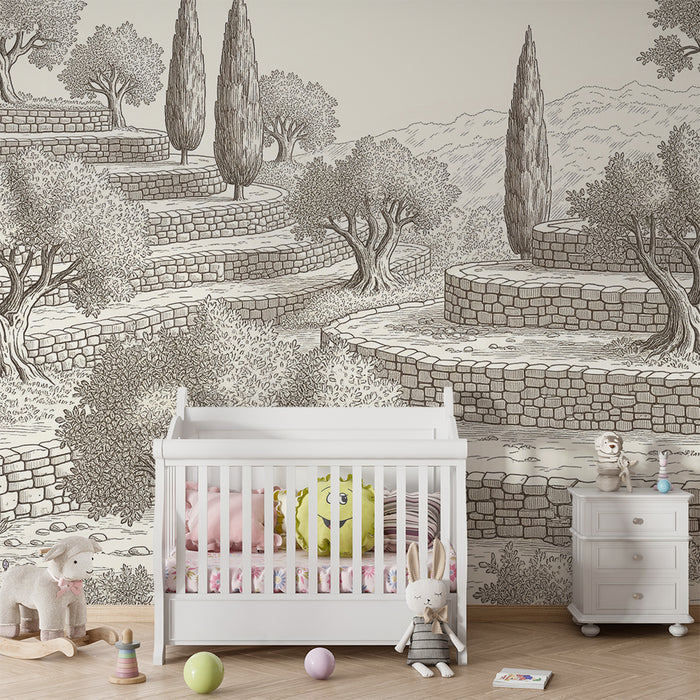 Behang kinderkamer | Terrastuinen met olijfbomen en natuursteen