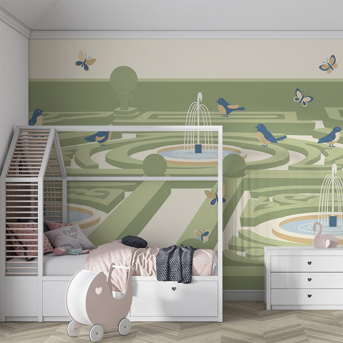Barneveggtapet | Fortryllende hager med fugler og fontener