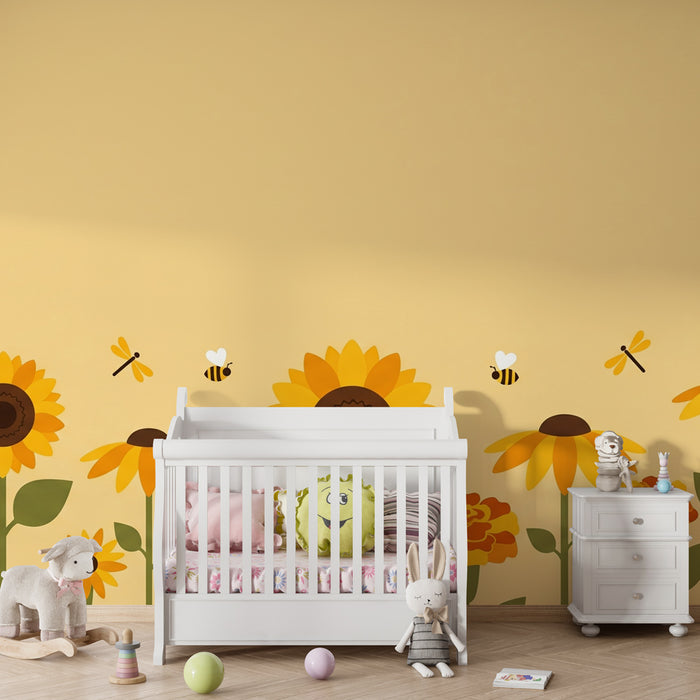 Papier peint chambre enfant | Jardins ensoleillés avec fleurs et insectes