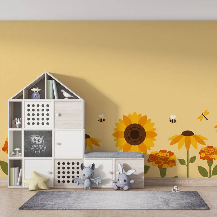 Papier peint chambre enfant | Jardins ensoleillés avec fleurs et insectes