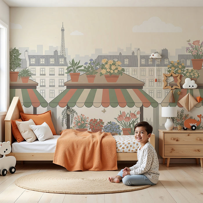 Papier peint chambre enfant | Jardins fleuris avec vue sur Paris