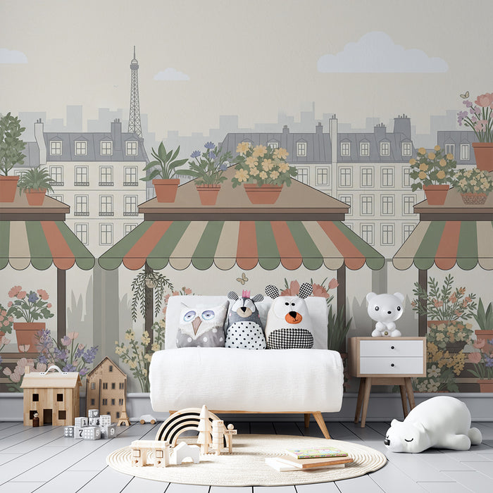 Papier peint chambre enfant | Jardins fleuris avec vue sur Paris