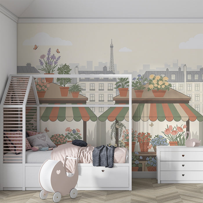 Papier peint chambre enfant | Jardins fleuris avec vue sur Paris