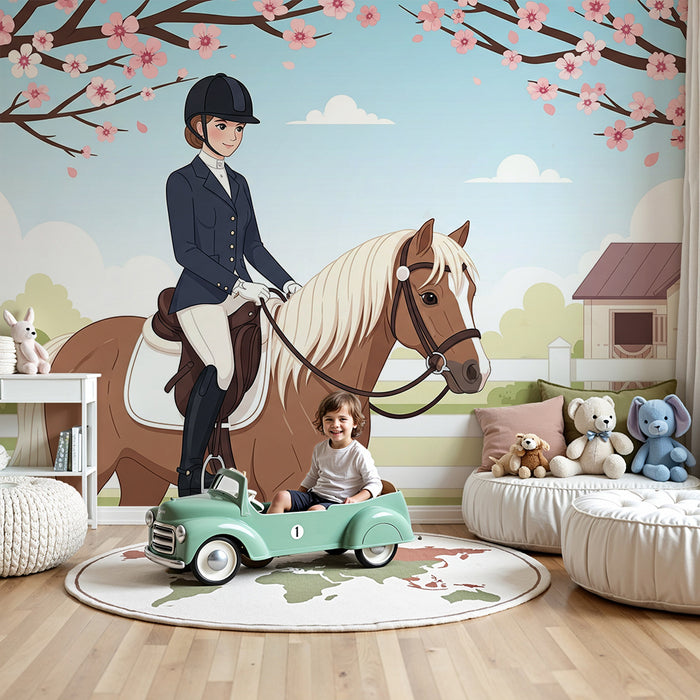 Papier peint chambre enfant | Jeune cavalière et son cheval sous les cerisiers en fleurs