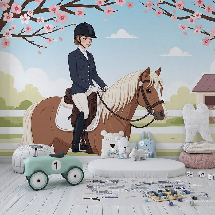 Papier peint chambre enfant | Jeune cavalière et son cheval sous les cerisiers en fleurs