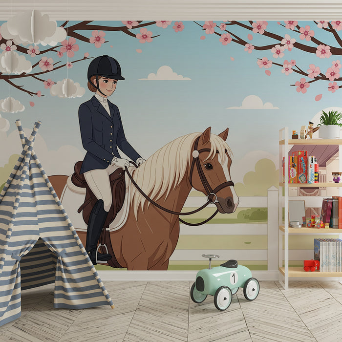 Papier peint chambre enfant | Jeune cavalière et son cheval sous les cerisiers en fleurs