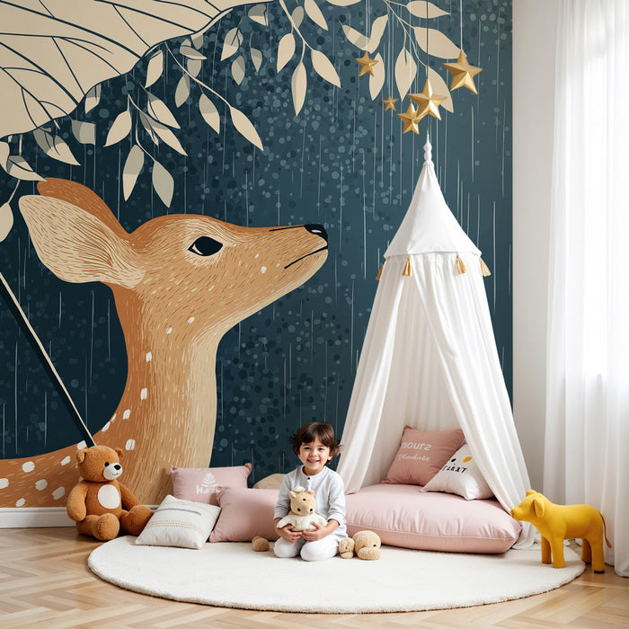 Papier peint chambre enfant | Jeune faon sous la pluie