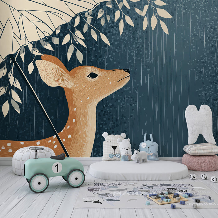 Papier peint chambre enfant | Jeune faon sous la pluie