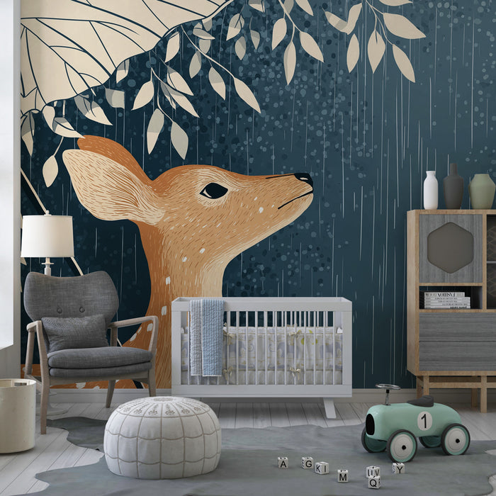 Papier peint chambre enfant | Jeune faon sous la pluie
