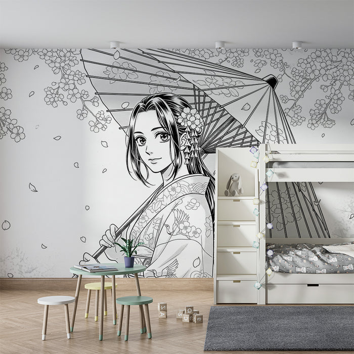 Barnetapet for jenter | Piken i kimono under blomstrende kirsebærtrær