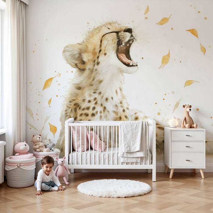 Kinderkamer behang | Jonge cheeta te midden van gouden bladeren