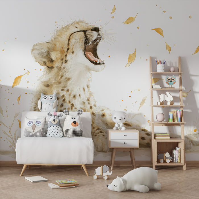 Kinderkamer behang | Jonge cheeta te midden van gouden bladeren