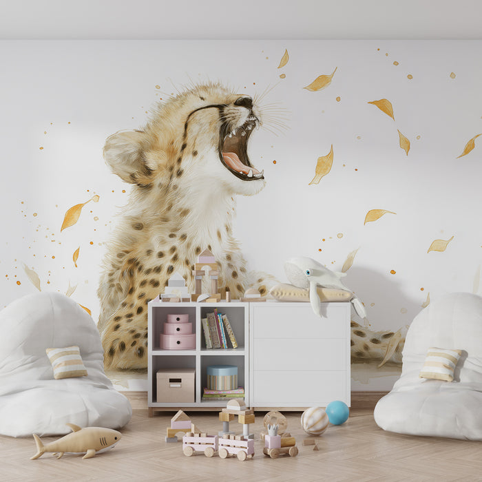 Kinderkamer behang | Jonge cheeta te midden van gouden bladeren