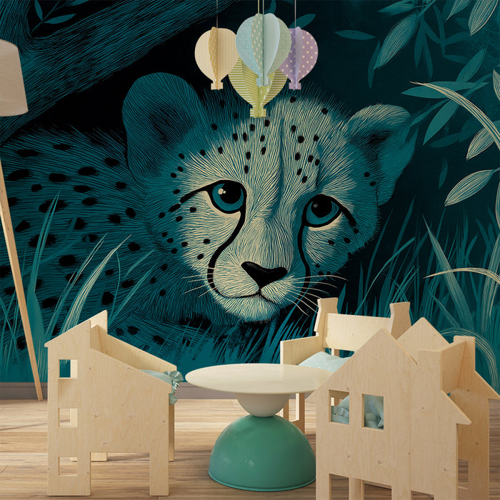 Kinderzimmer Tapete | Junges Gepard versteckt sich im nächtlichen Geäst