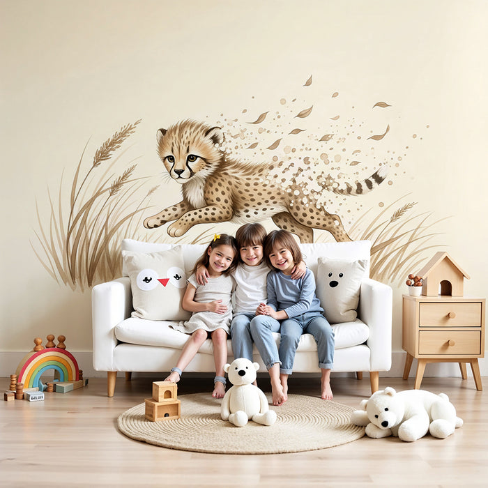 Papier peint chambre enfant | Jeune guépard courant dans les herbes dorées