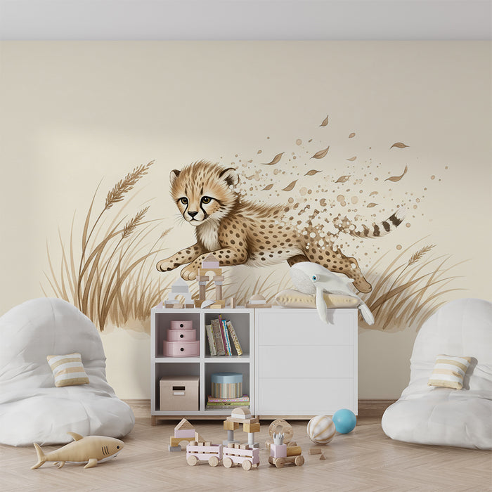 Papier peint chambre enfant | Jeune guépard courant dans les herbes dorées