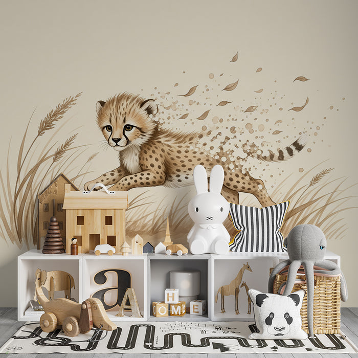 Papier peint chambre enfant | Jeune guépard courant dans les herbes dorées