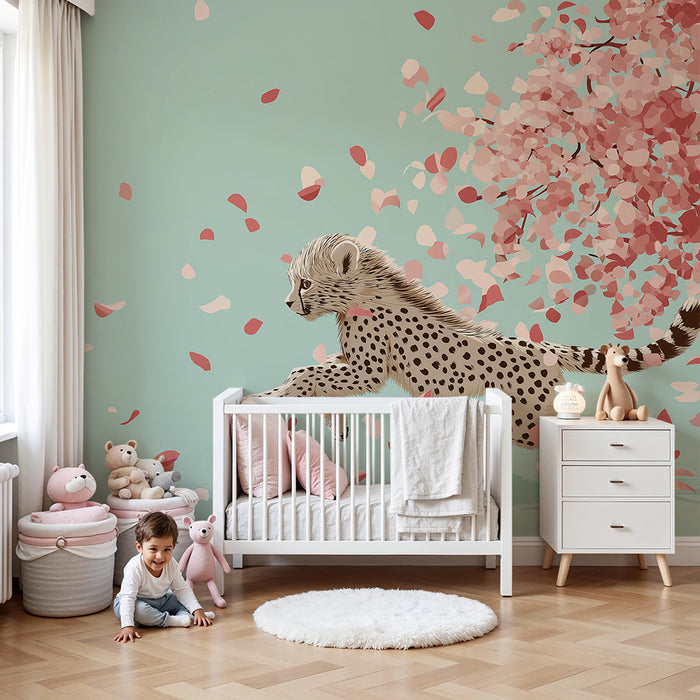 Papier peint chambre enfant | Jeune guépard courant sous un arbre en fleurs