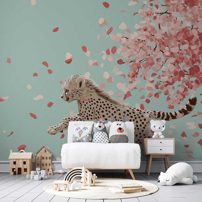 Papier peint chambre enfant | Jeune guépard courant sous un arbre en fleurs
