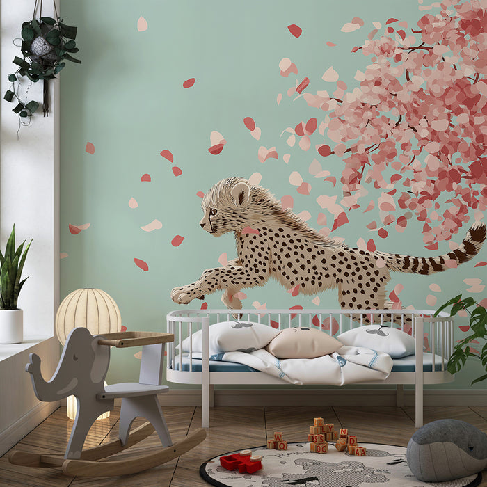 Papier peint chambre enfant | Jeune guépard courant sous un arbre en fleurs