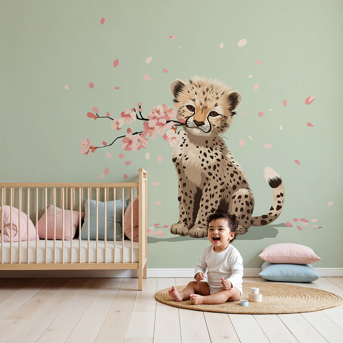Kinderzimmer Tapete | Junges Gepard umgeben von zarten Blumen