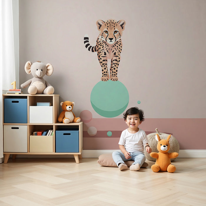 Kids room wallpaper | Young cheetah on a colorful ball
