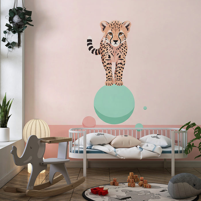 Kids room wallpaper | Young cheetah on a colorful ball