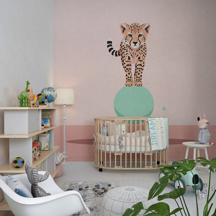 Kids room wallpaper | Young cheetah on a colorful ball