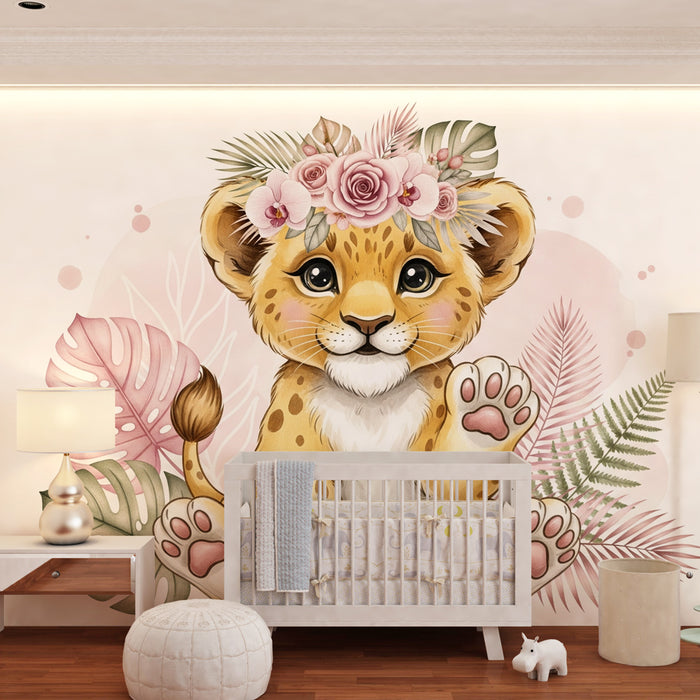 Kids room wallpaper | Cute young leopard with flowers