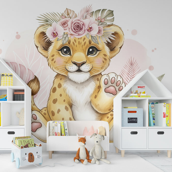 Kids room wallpaper | Cute young leopard with flowers