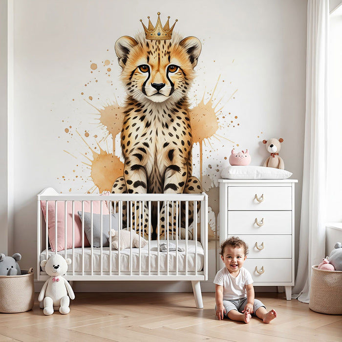 Behang kinderkamer | Koninklijke kitten met kroon en artistieke spetters
