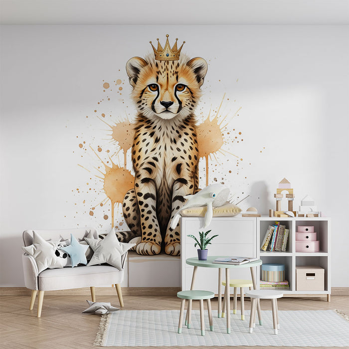 Behang kinderkamer | Koninklijke kitten met kroon en artistieke spetters