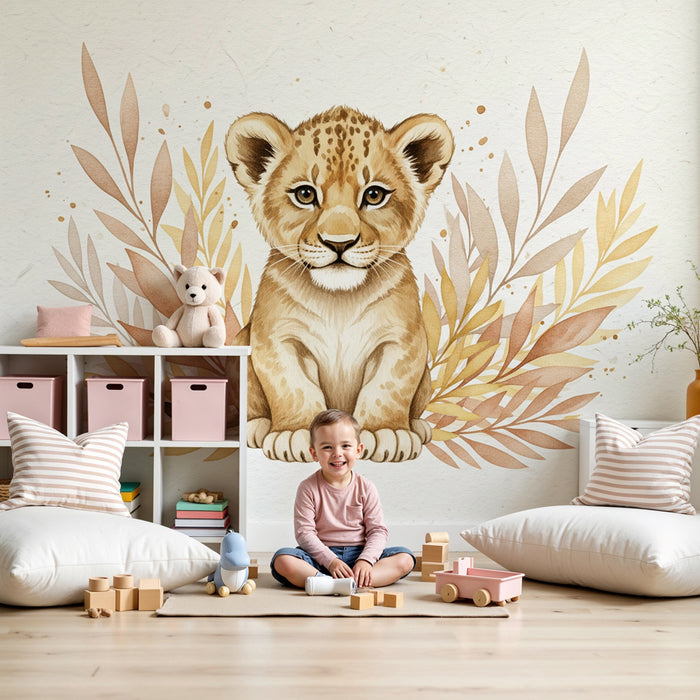 Papier peint chambre enfant | Jeune lion et feuillage délicat