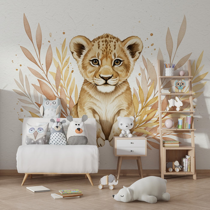 Papier peint chambre enfant | Jeune lion et feuillage délicat