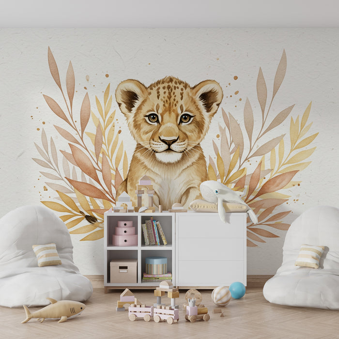 Papier peint chambre enfant | Jeune lion et feuillage délicat