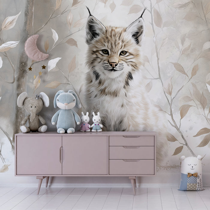 Kinderkamer behang | Jonge lynx tussen de bladeren