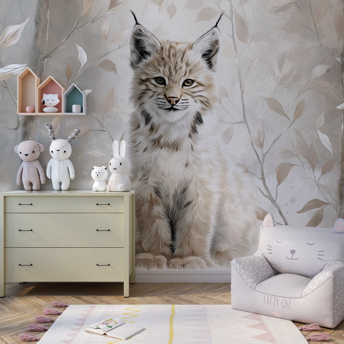 Kinderkamer behang | Jonge lynx tussen de bladeren