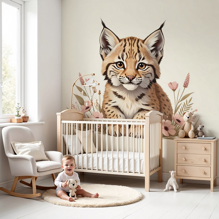 Papel pintado habitación infantil | Joven lince rodeado de flores delicadas