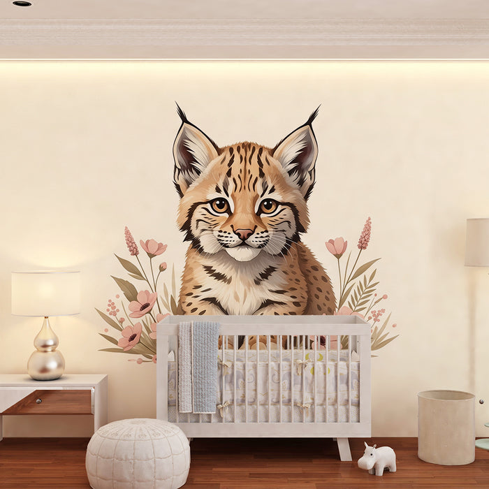 Papel pintado habitación infantil | Joven lince rodeado de flores delicadas